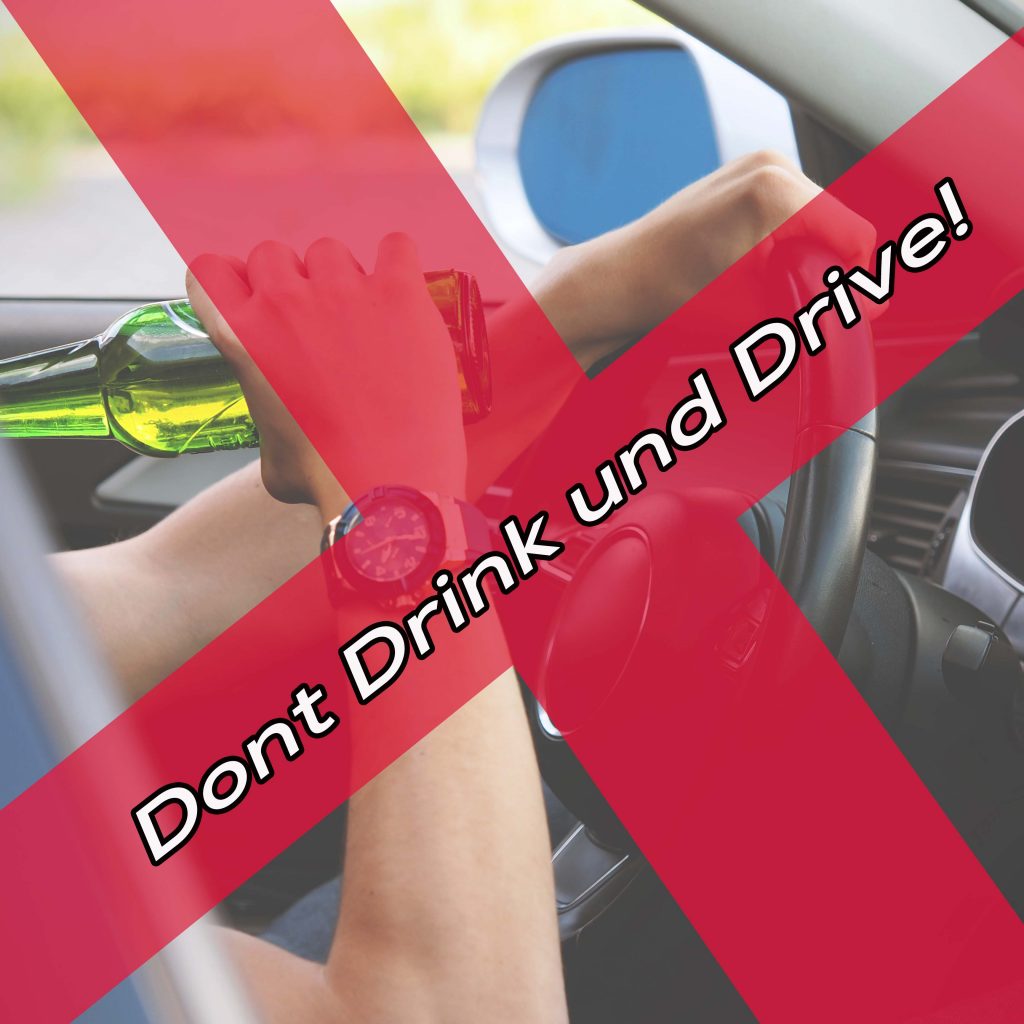 Grafik „Don't drink and drive“: rot durchgestrichenes Foto eines Autofahrers mit Bierflasche am Steuer